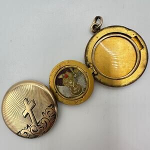 L&M Antique Edwardian 1900s gold filled round Catholic cross foldable locket